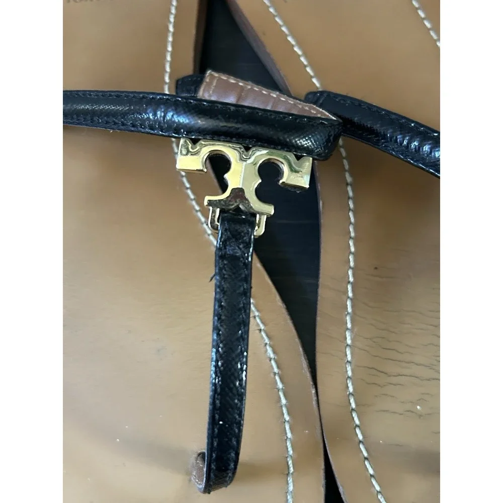 Tory Burch US 7.5 Black Leather Gold T‎ Logo Thong Flip Flop Sandal Shoes